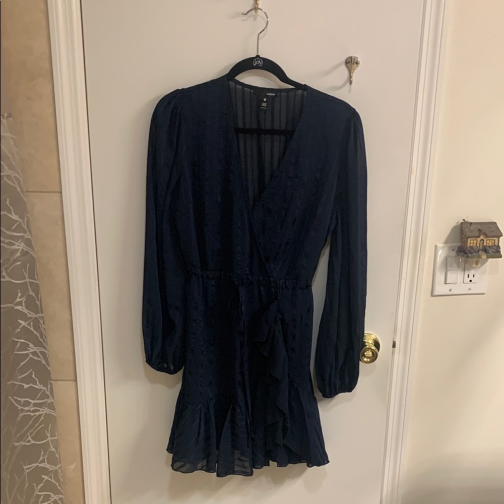 Aqua Blue Cocktail Dress with Ruffled Wrap Design in Sz L